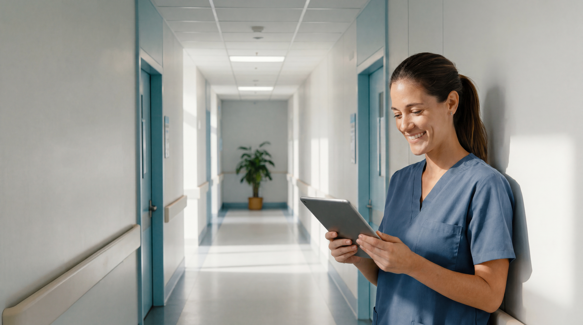Healthcare professional in hospital corridor
