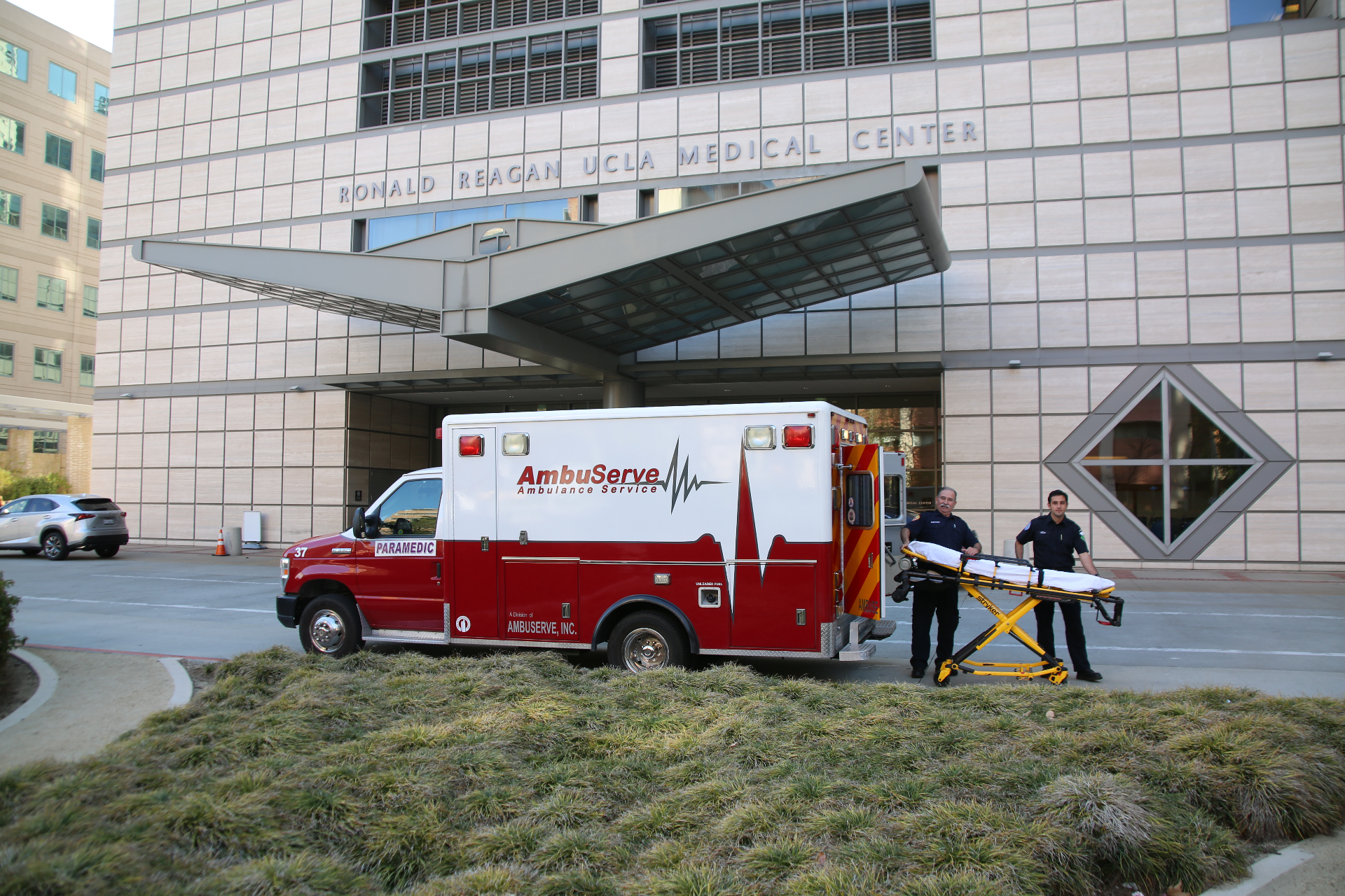 AmbuServe ambulance parked outside the Ronald Reagan UCLA Medical Center
